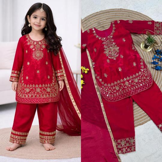 Ramzan Eid Special Kids Festive Silk Red Children clothing supplier in Surat